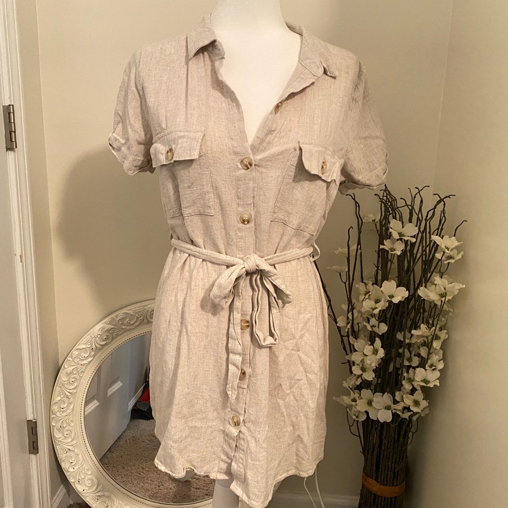 Blu Pepper Tan Linen Button Up Dress